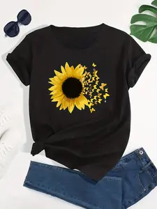 Fashion Sunflower Graphic Sports Short Sleeve T-shirts, Butterfly Print Casual Sports Tops For Running, Women's Summer Tops