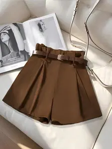 New Women's Mid-High Waist Pleated Solid Color Belted Elegant Ladies Suit Shorts, Stylish and Comfortable Summer Wear