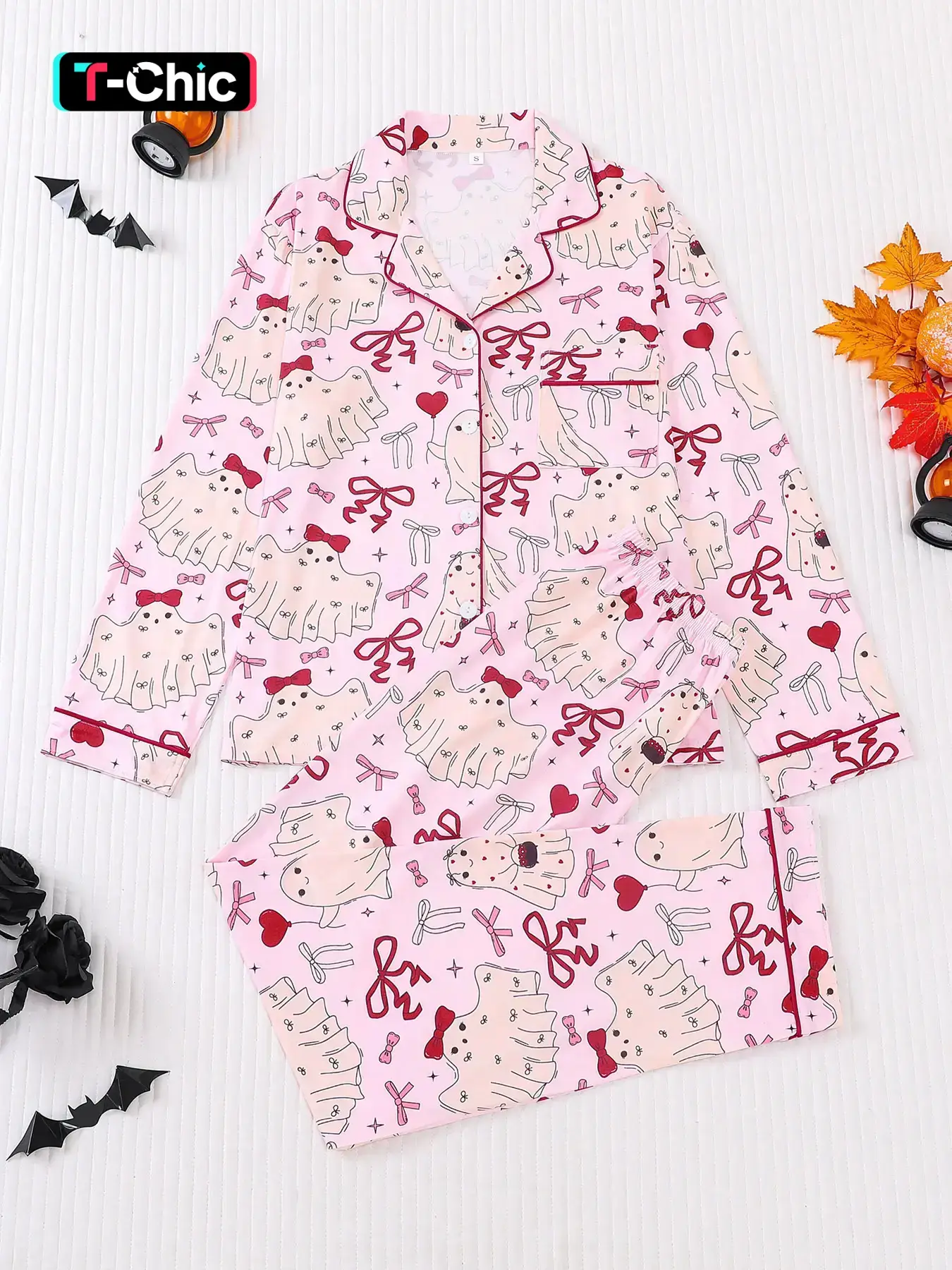 2 pieces of women's Halloween cute ghost girl bow print long sleeved Knit pants pajama set Nightwear Loungewear with top pockets suitable for all seasons, Fit, comfortable, trendy, energetic, elegant and casual home wear Pjs Lounge Pajama Style