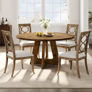 47-Inch Round Dining Table, Wooden Kitchen Table for 4, Farmhouse Dinner Table with Wooden Top and Legs for Home Dining Room or Living Room - Rustic Brown(Only Table)