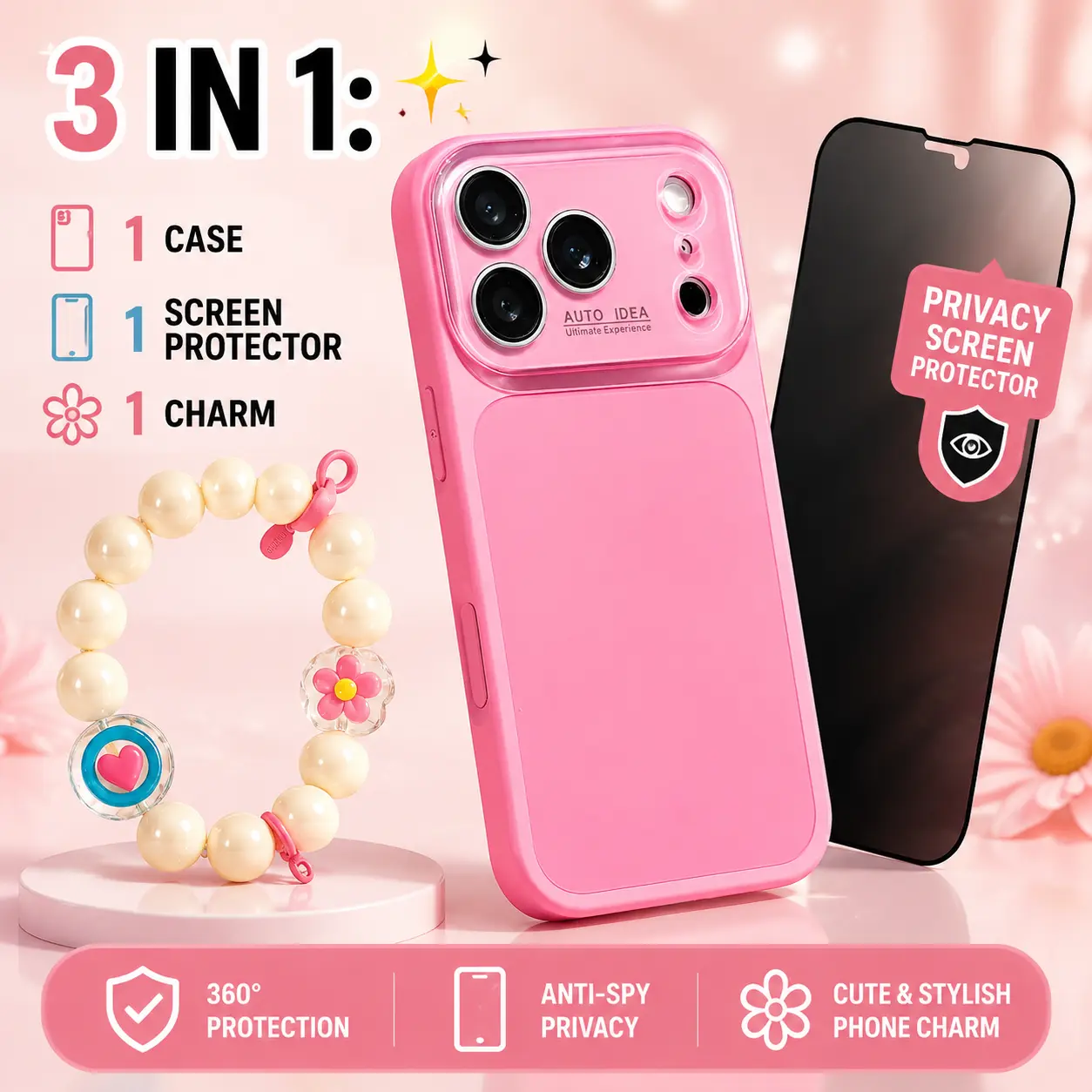 3 in 1: 1 case + 1 anty-spy screen protector + 1 charm candy colored skin texture crystal phone case, contrasting color full lens protection, anti drop, wear-resistant phone case, suitable for iPhone 17 Pro Max 16 15 14 13 Cute Multi-Color Everyday