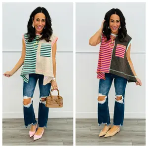 Striped Color Block Sleeveless Top (Reg & Plus)-2 Colors