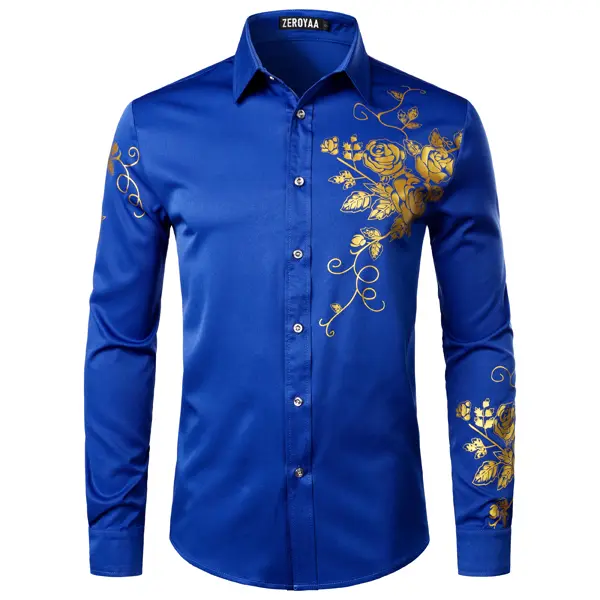 ZEROYAA Men's Dress Shirt, Slim-Fit Botanical Floral Print Long-Sleeve Button-Up Top with Lightweight Stretch Fabric for Party and Show, Tops