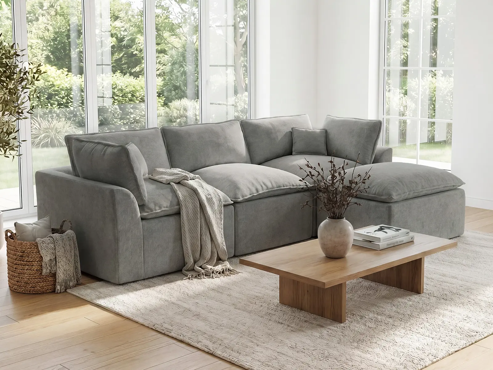 108" Corduroy Modular Sectional Sofa with Ottoman, Boneless Cloud Couch for Living Room, Convertible L-Shape Extra Deep Seat Floor Sofa, Dark Grey