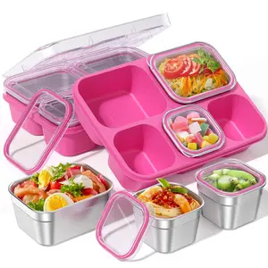 Snackle Box Containers, Stainless Steel 5 Compartments Divided Serving Tray with Lid, Removable LeakProof Portable Bento Box for Fruit Candy Nuts Food - School, Picnic and Travel