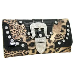 Ritz WB146-BRN-LP Western Rhinestone Bling Belt Buckle Trifold Wallet - Brown Leopard