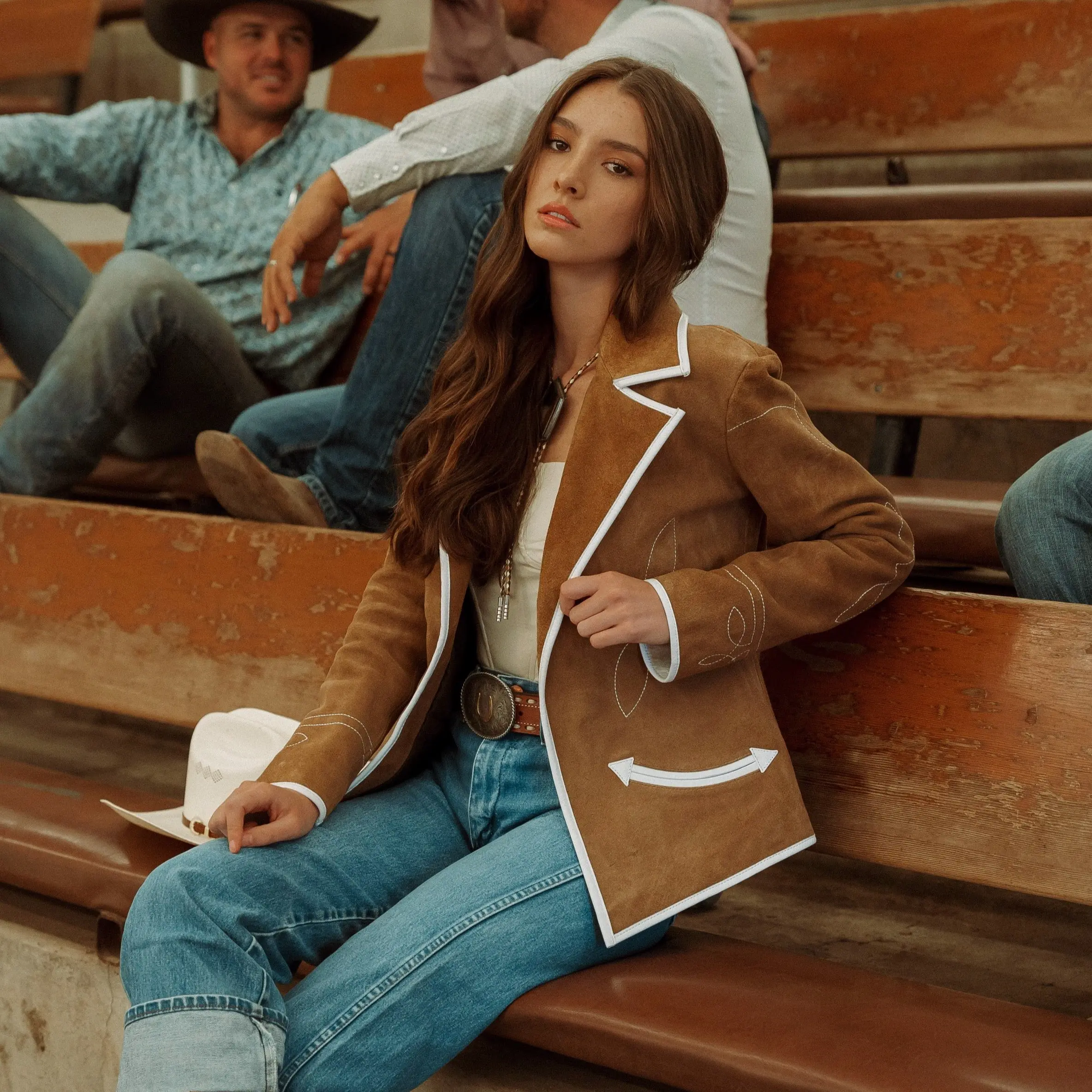 Women's Traditional Western Blazer in Carmel Suede Leather, Slim Fit Statement Cowgirl Style with Pockets, Women's Clothes, Long Sleeve, Western Wear, Fully Lined, Us Sizes, 23.75 Inches, Large, Small, Longsleeves, White Leather, Multi-Size, Jacket, Cowgi
