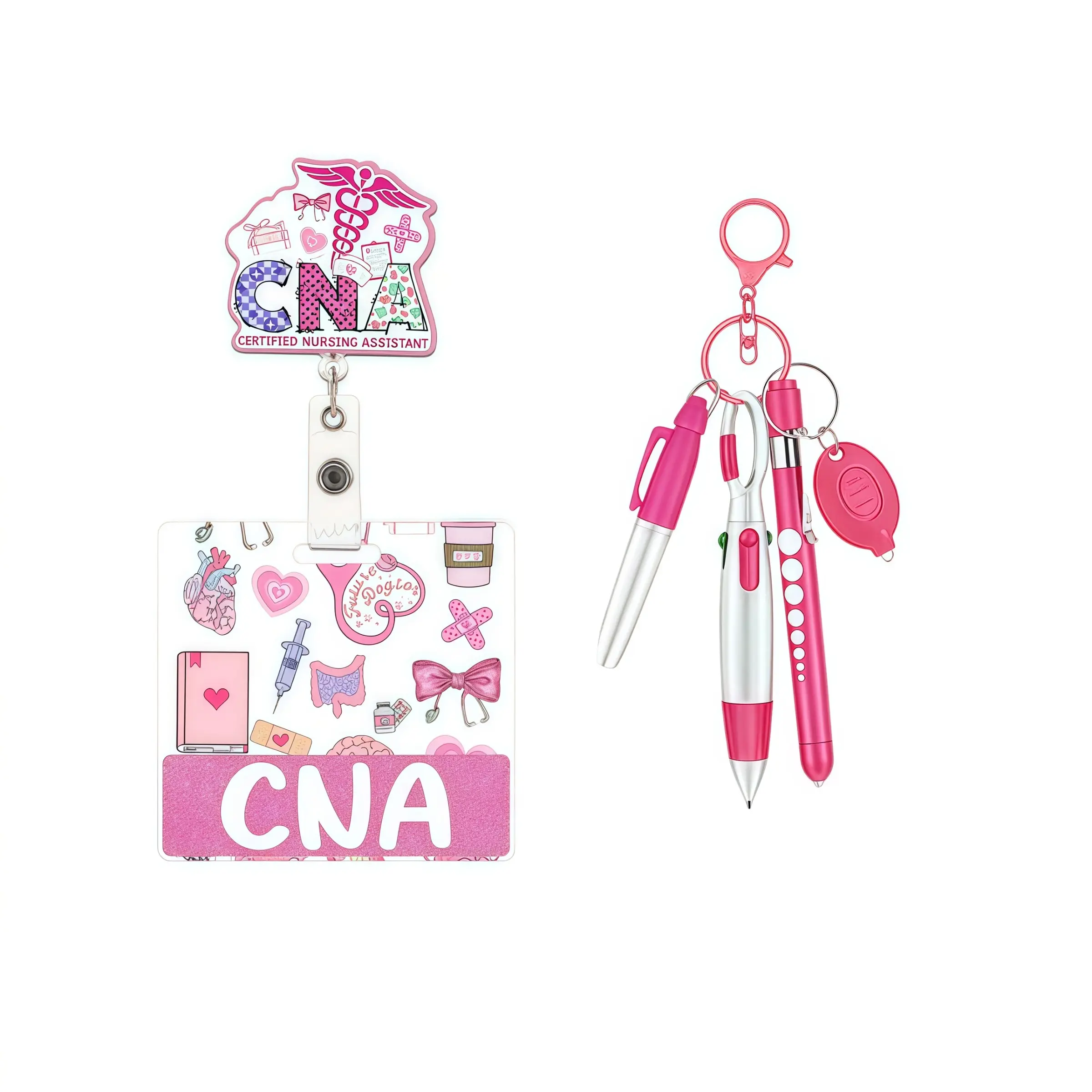 Fun Glitter Letter Badge Roll, Badge Reels Retractable, ID Card Holder, Ballpoint Pen, Marker, Eld Light, Retractable Crocodile Clip, Perfect Gift for Professionals