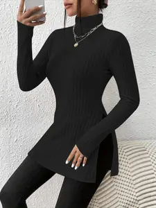 Women's Elegant Casual Solid Color Ribbed High Neck Slim Fit Long Sleeve Top, Autumn Winter Fashion Split Hem Knitted Sweater