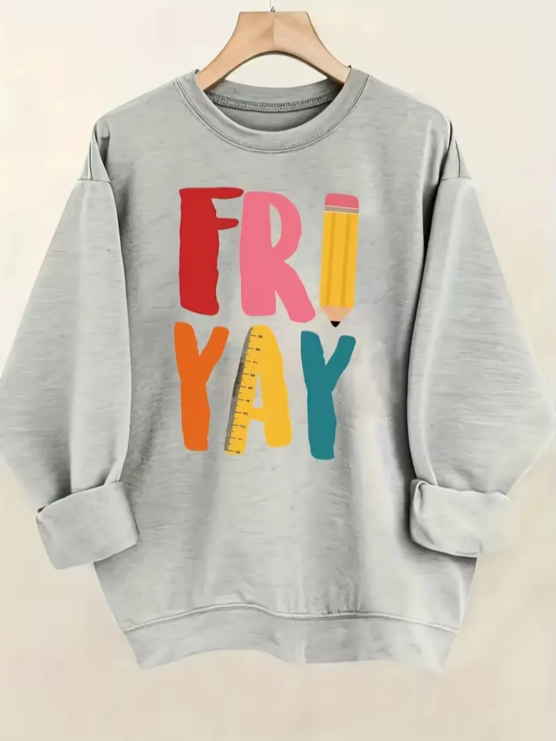 Friyay Pencil Ruler Letter Replace Chest Print Fleece Crewneck Sweatshirt, Teacher‑Theme Casual Long‑Sleeve Pullover, Daily Holiday Gift