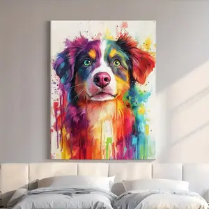 2D Flat, 2D Flat, 2D Flat Customizable Vivid Dog Portrait Canvas Print | Personalized Pet Memorial Gift, Colorful Wall Art with Your Photo, Modern Abstract Splash Painting Style, Suitable for Living Room, Bedroom, Home Office