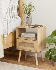 Rattan Nightstand, Small Night Stand, Side Table with Drawer Open Shelf, Cane Accent Bedside End Table with  , Mid Century Modern Nightstand for Bedroom, Oak (Mid-Century Modern)