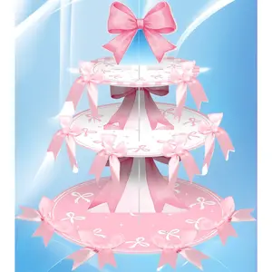 Pink Bow 3 Tier Cupcake Stand with 20 Bowknots, Coquette Dessert Tower for Birthday Bridal Bachelorette Party Supplies for Women Girls
