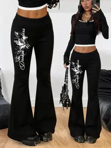 Gothic Flared Pants | High-Waisted Wide-Leg Pants, Dark Angel and Cross Prints | Street, Punk, EM, and Alternative Fashion Style | Comfortable Stretch Fabric | tiktokshopholidayhau