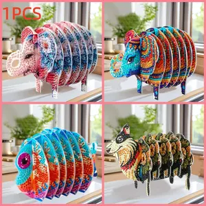 1 piece set of diamond painting kit coaster carp, elephant, snow wolf pattern acrylic material with a set of point drilling tools, a variety of uses, suitable for office, desk decoration, can be assembled or disassembled, desktop tea set non-slip use