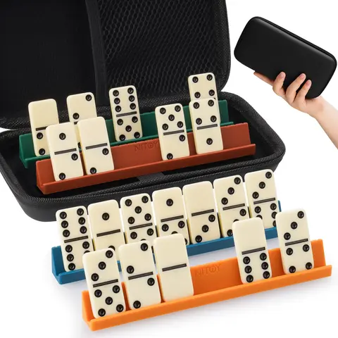 Double 6 Compact Dominoes Game Kit - 28 Anti-Collision Tiles (1.6x0.8x0.2 in, 0.2 in Thick), 4 Stable Support Silicone Racks, Portable Case, Home Activity for 14+ Adults, Long-Lasting Enjoyment for Board Games Night