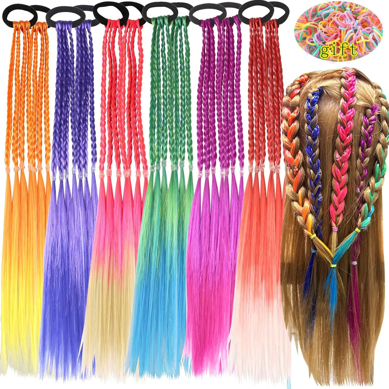 F-HDW03  Colored Braids Hair Extensions with Rubber Bands Rainbow Braided Synthetic Hairpieces Ponytail Hair Accessories for Women Kids Girls Party Highlights Cosplay Dress Up (12PCS A Style)