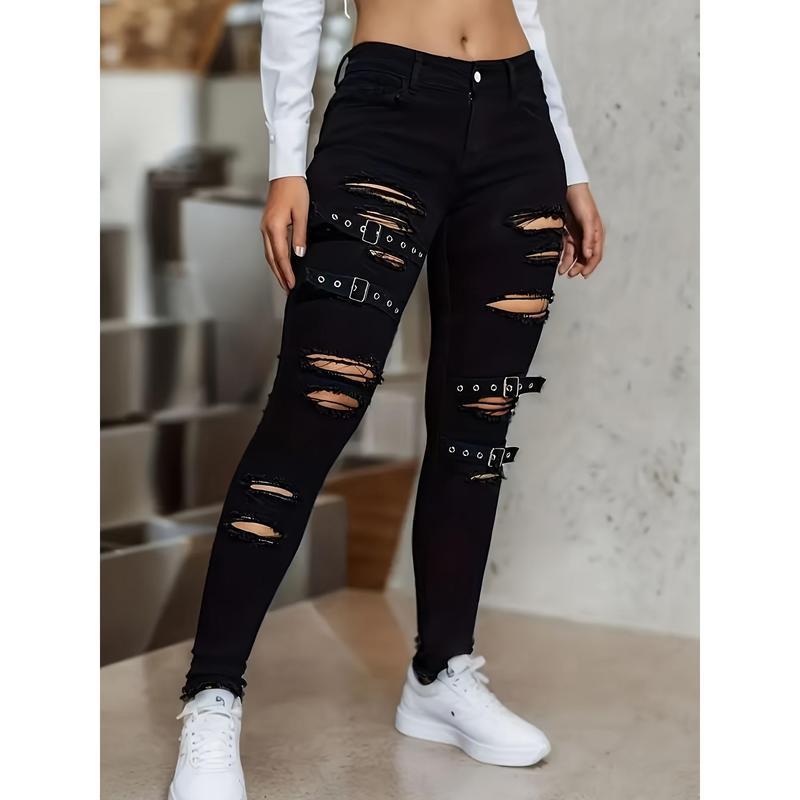 Women's High Waist Distressed Black Ripped Jeans with Buckle Details ...