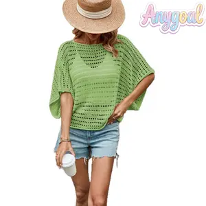 Anygoal Womens Sweaters Crew Neck 3/4 Length Casual Hollow Out Short Sleeve Swimwear Cover Up Top for Summer Sleeve Crochet Tops Knit Beach Cover Ups Spring Outfits for Women Fashion ,summervibes,Summer Beachwear Top for Daily Wear Knitwear for Daily Wear