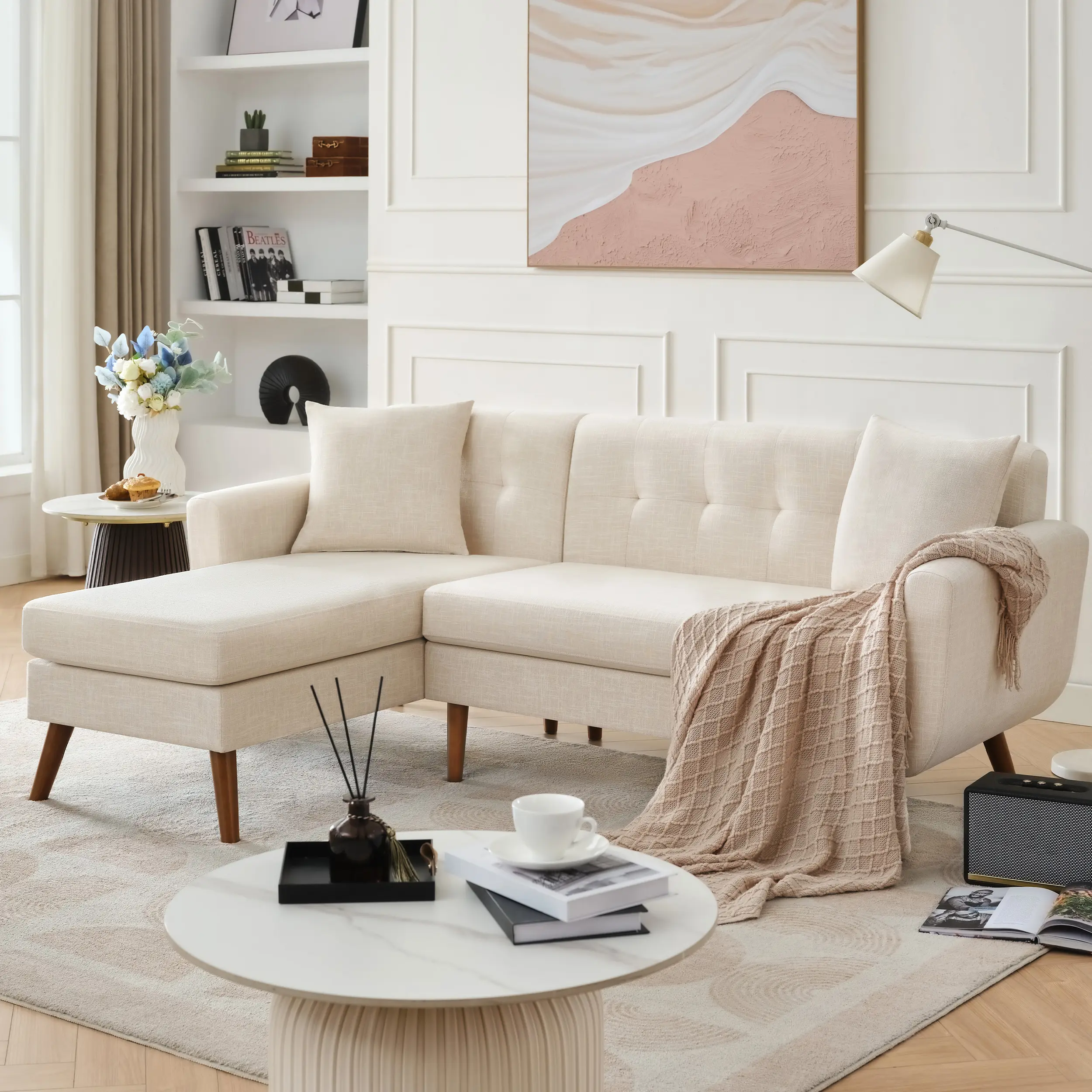 Tbfit 80" L-Shaped 4-Seat Sturdy Sectional Sofa with Chaise Lounge - Buttons Tufted Mid-Century Modern Linen Fabric Couch, Fixed Arms, 660 lbs Capacity, Assembly Required, Pilling & Fading Resistant Indoor Living Room Furniture, Buttons Tufted Couch, Sofa