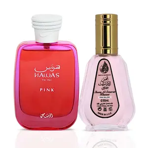 Hawas Pink Eau de Parfum Spray 100ml (3.4 oz) & Pink Blush Shams Al Emarat Khususi Eau de Parfum Spray 50ml (1.7 oz) (Bundle)