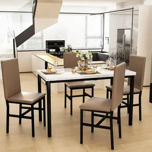 5-Piece Faux Marble Dining Table Set Rectangular Kitchen Table with 4 PU Leather Chairs Khaki Color for Breakfast Area Bar Small Space Living Room