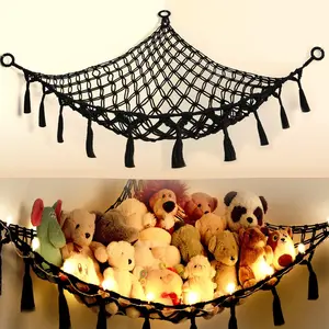 Cotton Stuffed  Organizer, Handmade Macrame Hanging Net Hammock for  Storage, Boho Decor Room Holder, Triangular, Black, Large, 57x42 inches, 10 lbs Capacity