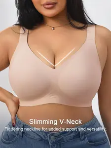 1pc Plus Size Women's Jelly Gel Supportive Wireless Breathable Deep V Bra, Wirefree Bra, Seamless Comfort for All-Day Wear, Sexy Lift and Gather