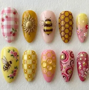 Unique Honey Bee Garden Press On Nails, Cute Bumblebee & Honeycomb 3D Nail Art, Pink Yellow Handmade Nails | Glossy Spring Nail Set, Custom Reusable Nails For Women, Party, Holiday Nails