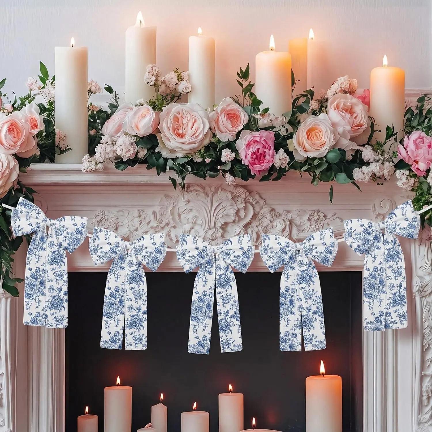 5.9 ft Vintage Lightweight Chinoiserie Blue Floral Print Flower Garland, Large Tulle-Cotton Ribbon Banner for Wedding Home Decoration, Festive & Party Supplies, Single-Sided, Wedding Event
