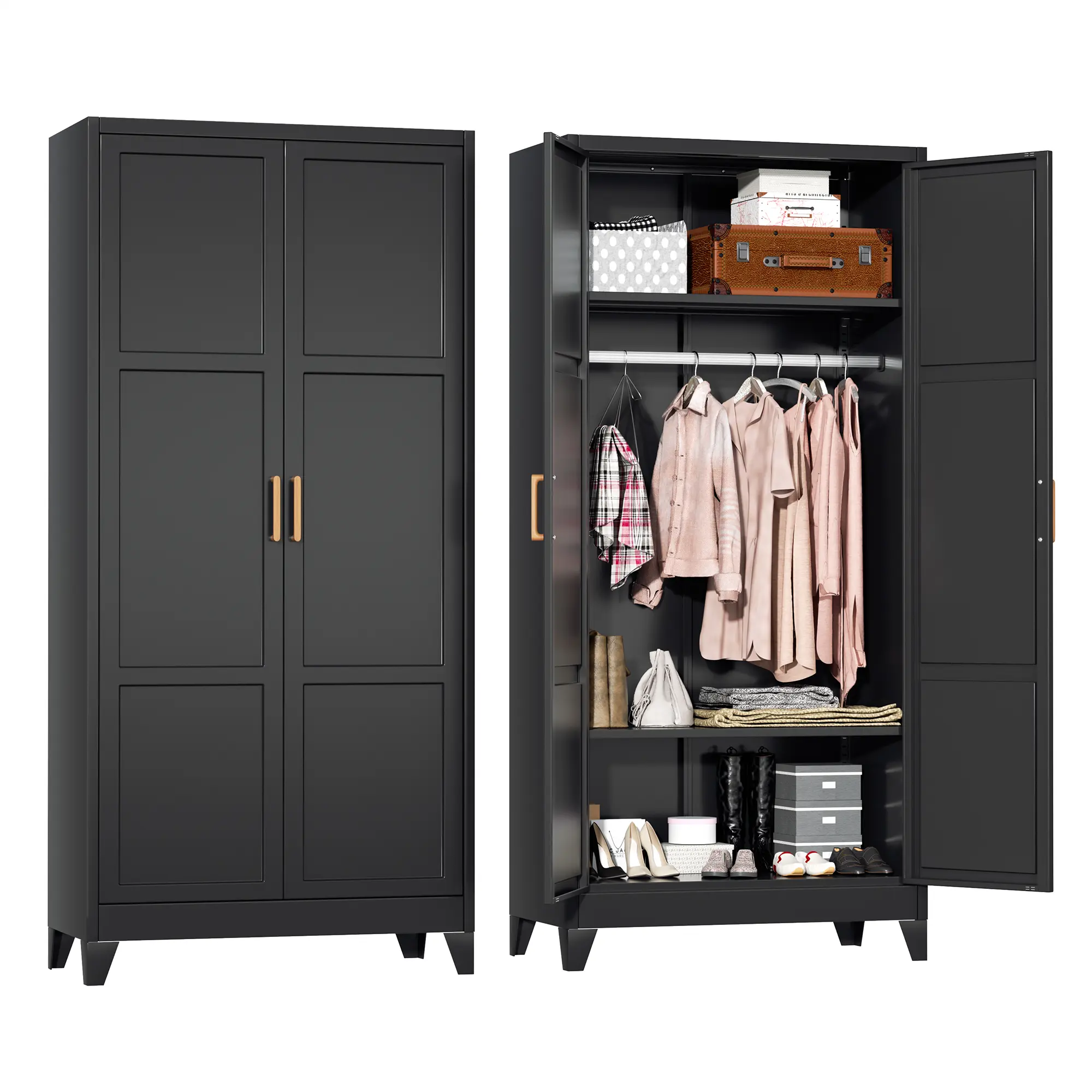 INTERGREAT 71" Metal Wardrobe Cabinet with Hanging Rod, Black Armoire Closet with Adjustable Shelves & 2 Doors, Clothing Storage Cabinet for Bedroom, Laundry Room, Cloakroom