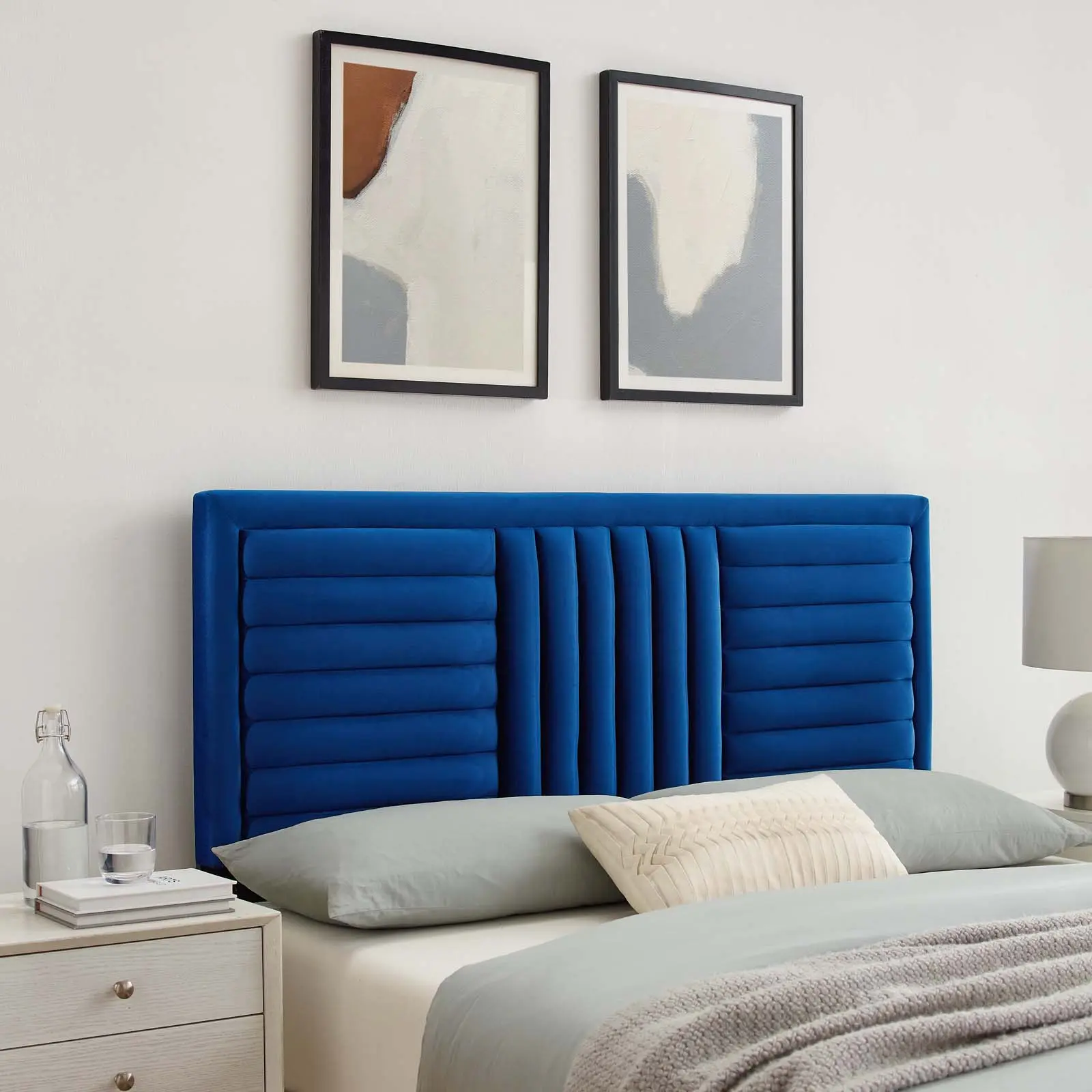 Modway Believe Channel-Tufted Performance Velvet Full/Queen Headboard with Padding, Eclectic Contemporary Design for Modern Bedroom Headboard Ideas, Navy, Adjustable Headboards