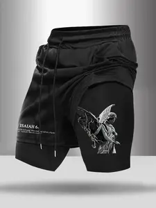 Men's Gothic Trend Dark Aesthetic Lightning Angel Shorts, Loose Comfort Fit, Dual Layer Mesh Fabric, Casual Gymwear