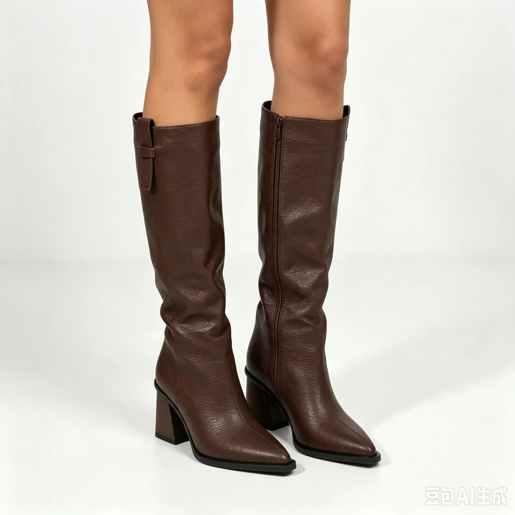 AMINUGAL Brown Leather Knee-High Boots with Block Heel and Zipper Closure for Women