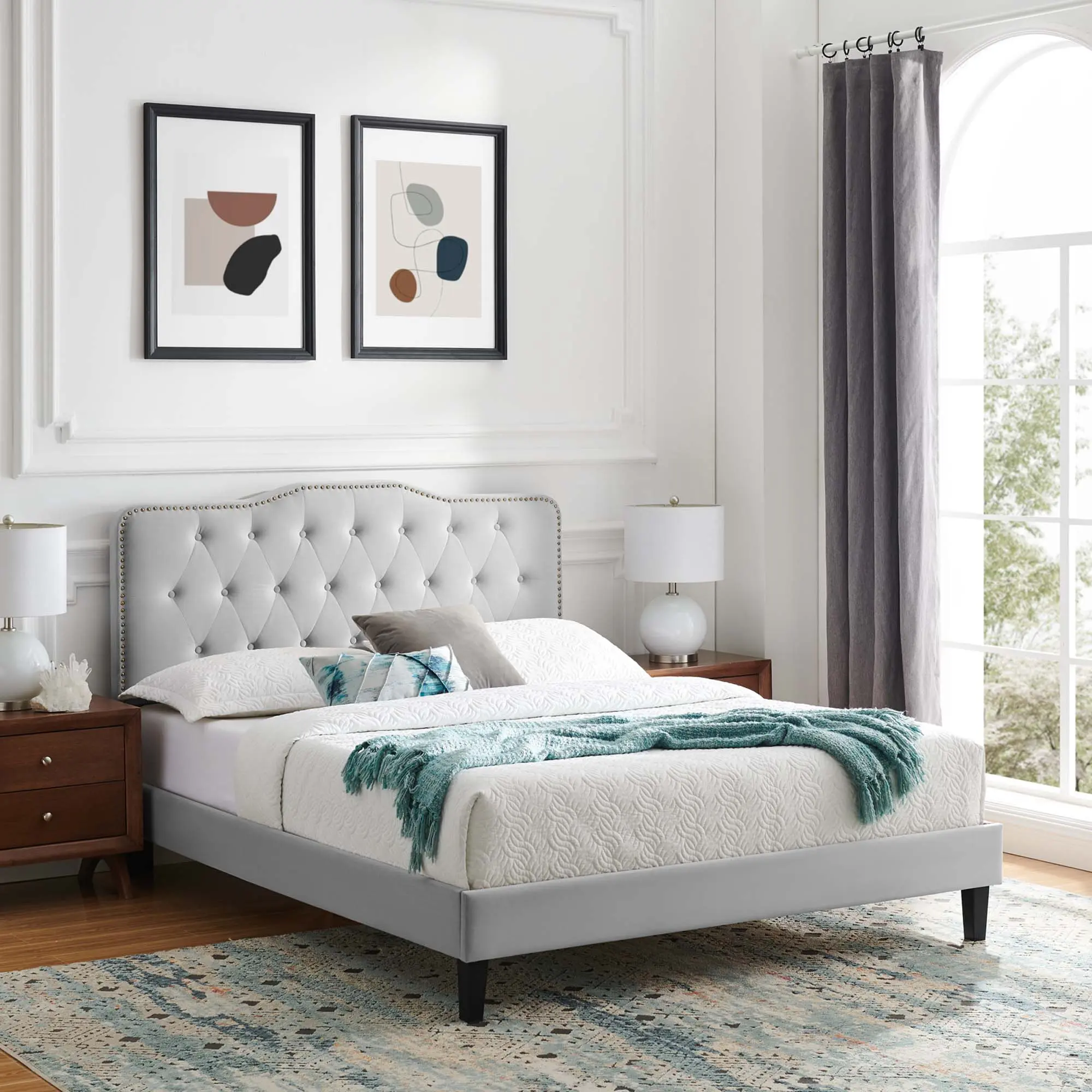 Modway Amber Button Tufted Upholstered Performance Velvet Twin Platform Bedframe with Slatted Bed Base, Light Gray, Button Tufted Bed, Upholstered Platform Bedframe