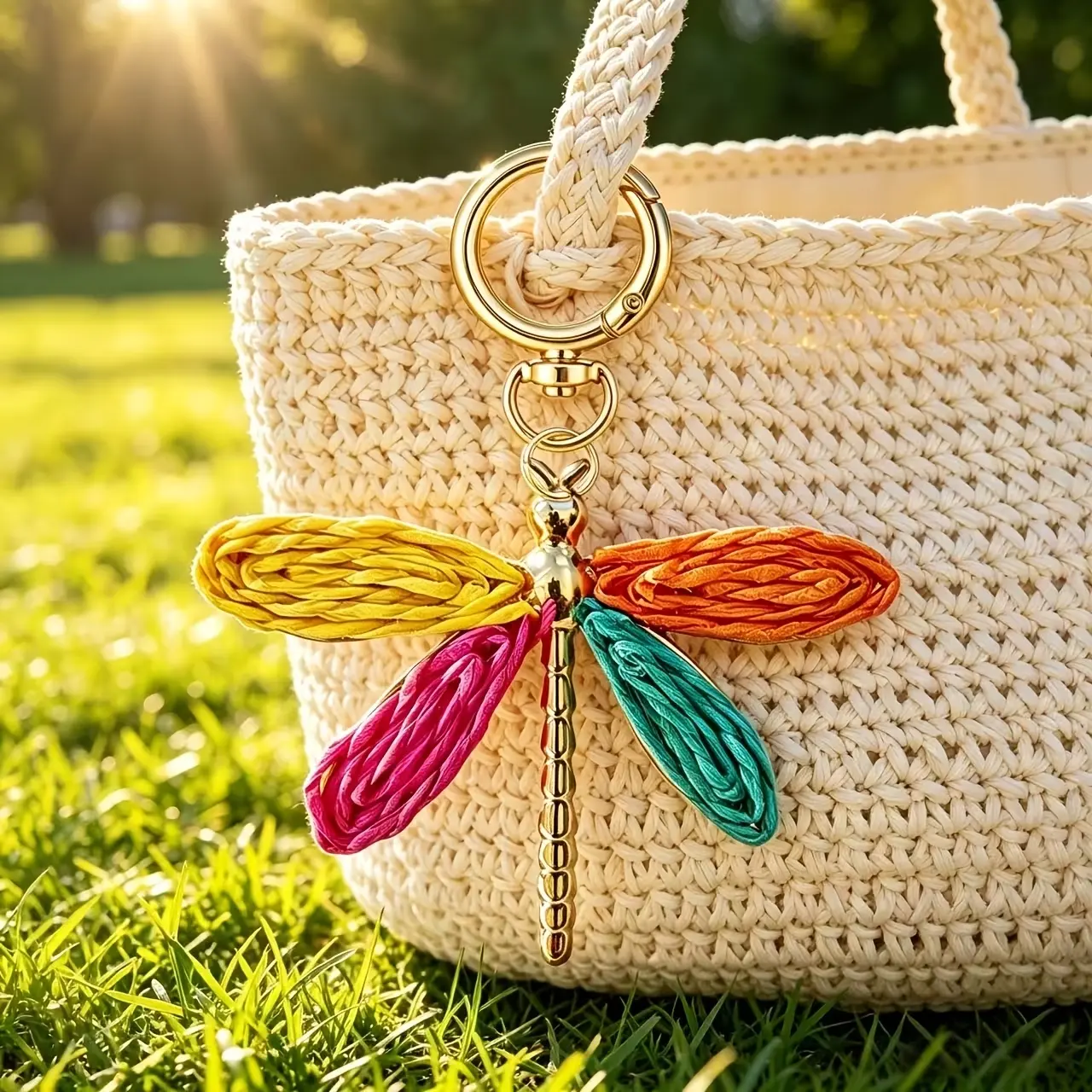 1PCS Colorful Handwoven Raffia Dragonfly Boho Keychain Pendant, Multi-scene Decor for Bags & Phones, Premium Gift for Holiday & Birthday