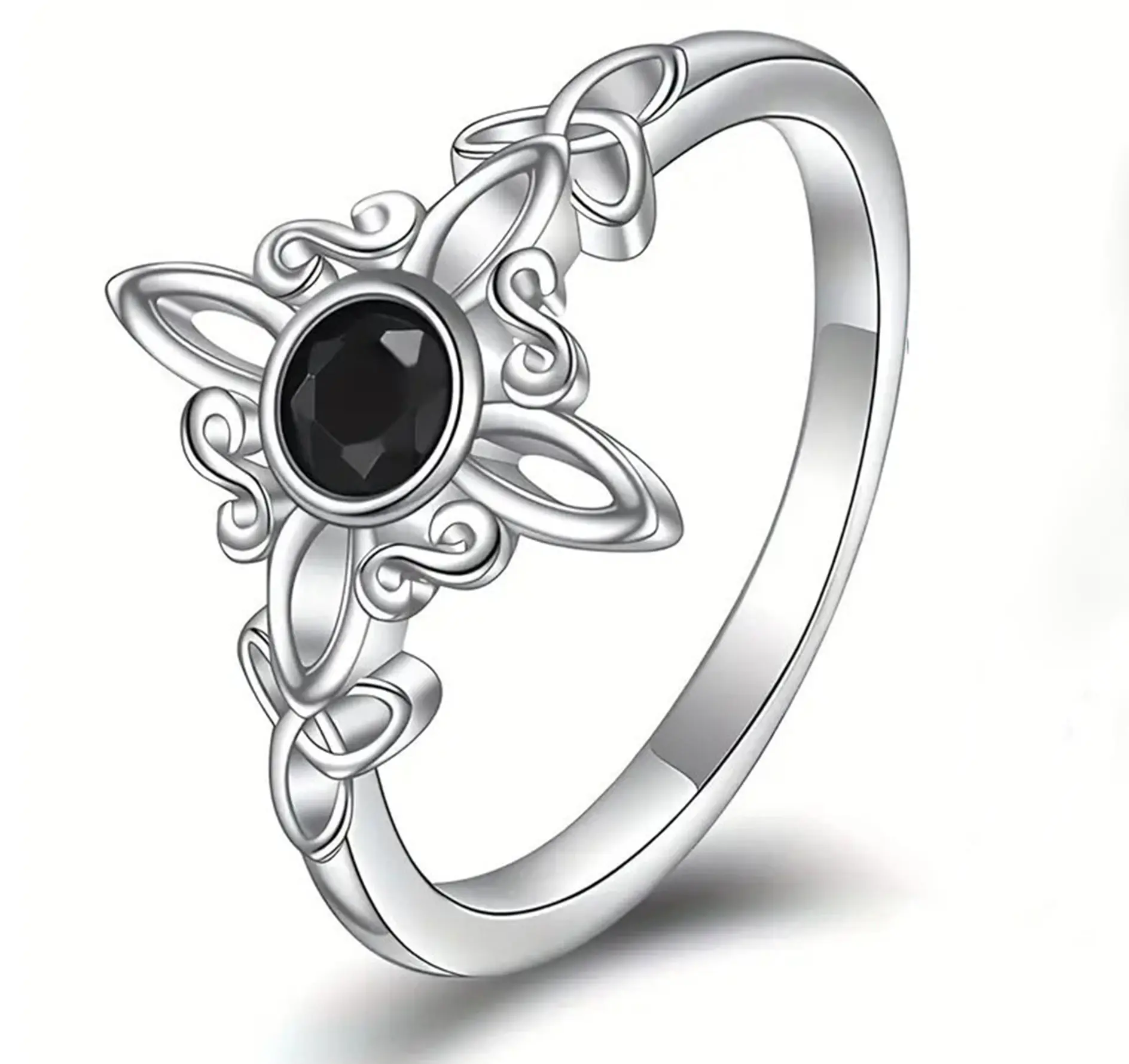Witches Knot Sterling Silver Ring, Celtic Trinity Knot Hecate Goddess Witch Magic Ring, Ripple Fashion Black Onyx Stone Ring for Women Birthday Christmas Gift Wedding Engagement Ring Solitaire Ring