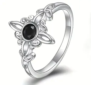 Witches Knot Sterling Silver Ring, Celtic Trinity Knot Hecate Goddess Witch Magic Ring, Ripple Fashion Black Onyx Stone Ring for Women Birthday Christmas Gift