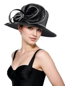 Elegant Women's Church Hat, Vintage Satin Rhinestone Charm Party Hat, Wedding Bridal Hat, Fashion Wide Brim Sun Protection Hat