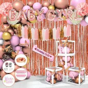 181pcs Rose Gold Baby Shower Decorations, Baby Girl Shower Decorations with Balloon Arch Kit, Baby Boxes, Paper Pom Poms, Fringe Curtains, Sash, Cake Copper