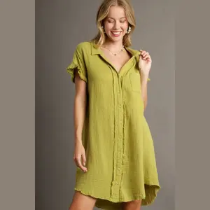 Umgee Full Size Raw Hem Button Down Short Sleeve Gauze Shirt Dress Plus Size Casual Comfort