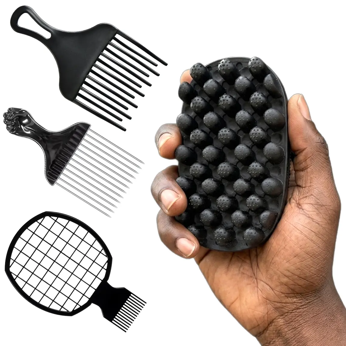 Professional 4-in-1 Freeform Twist Brush Kit for Black Hair, Upgraded Silicone Sponge Brush with Stainless Steel Metal Fist Pick, Mesh Comb and Hair Edge Brush for Coils and Afro Styling