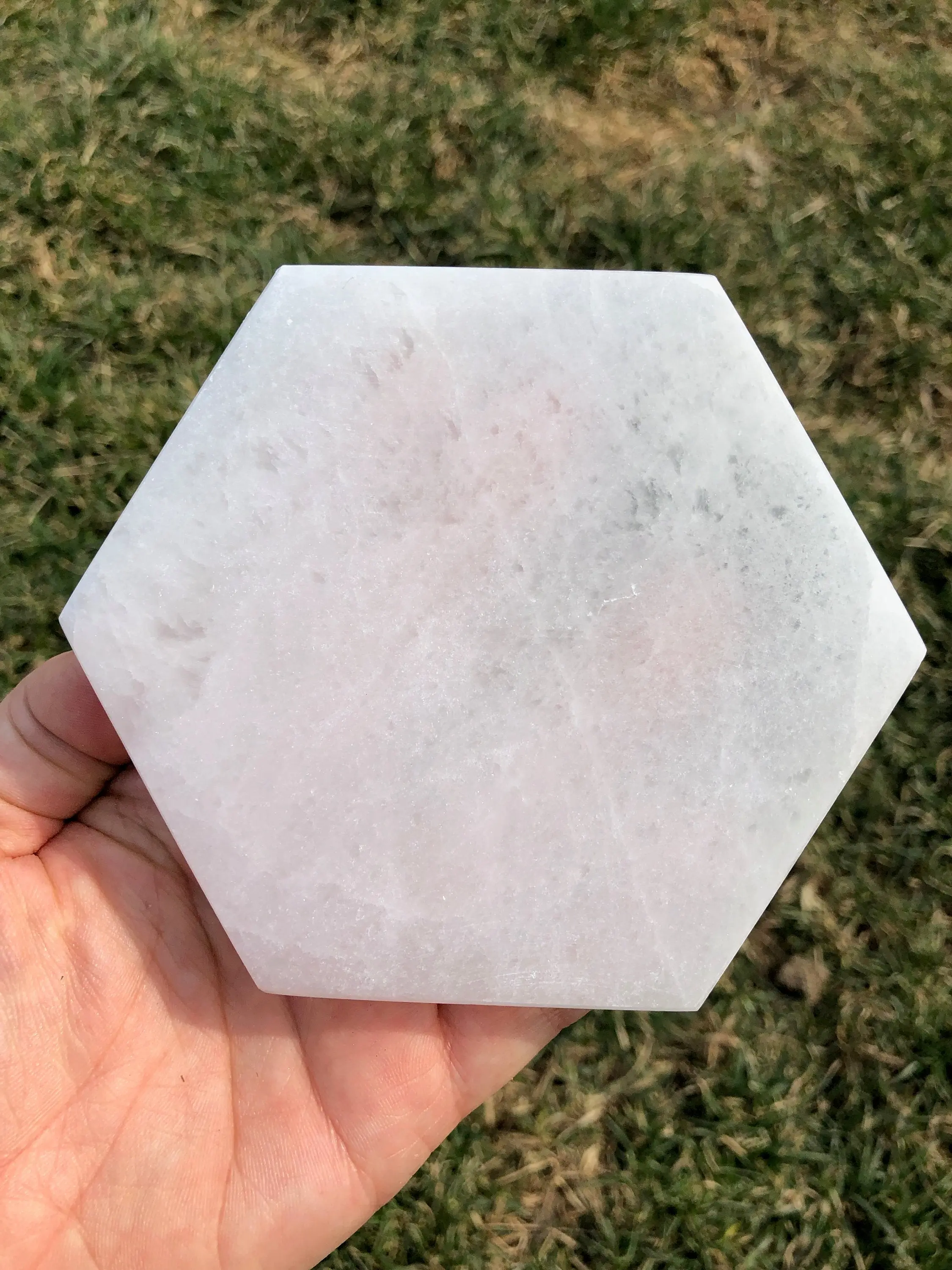 New Moon Beginnings Hexagon Selenite Plate - White Selenite Plate with Smooth Surface and Unique Geometric Design - History