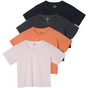 Real Essentials 4 Pack: Women's Cotton Short Sleeve Crop Top – Cropped Casual Crew Neck T-Shirts (Available in Plus Size)