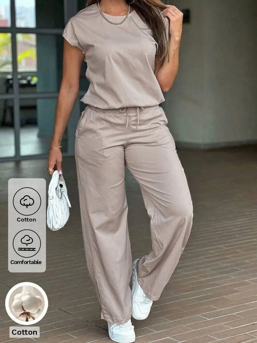 Women's 2-Piece Cotton Loungewear Set, Casual Short Sleeve Tee and Wide Leg Pants for Daily Travel and Relaxed Fit