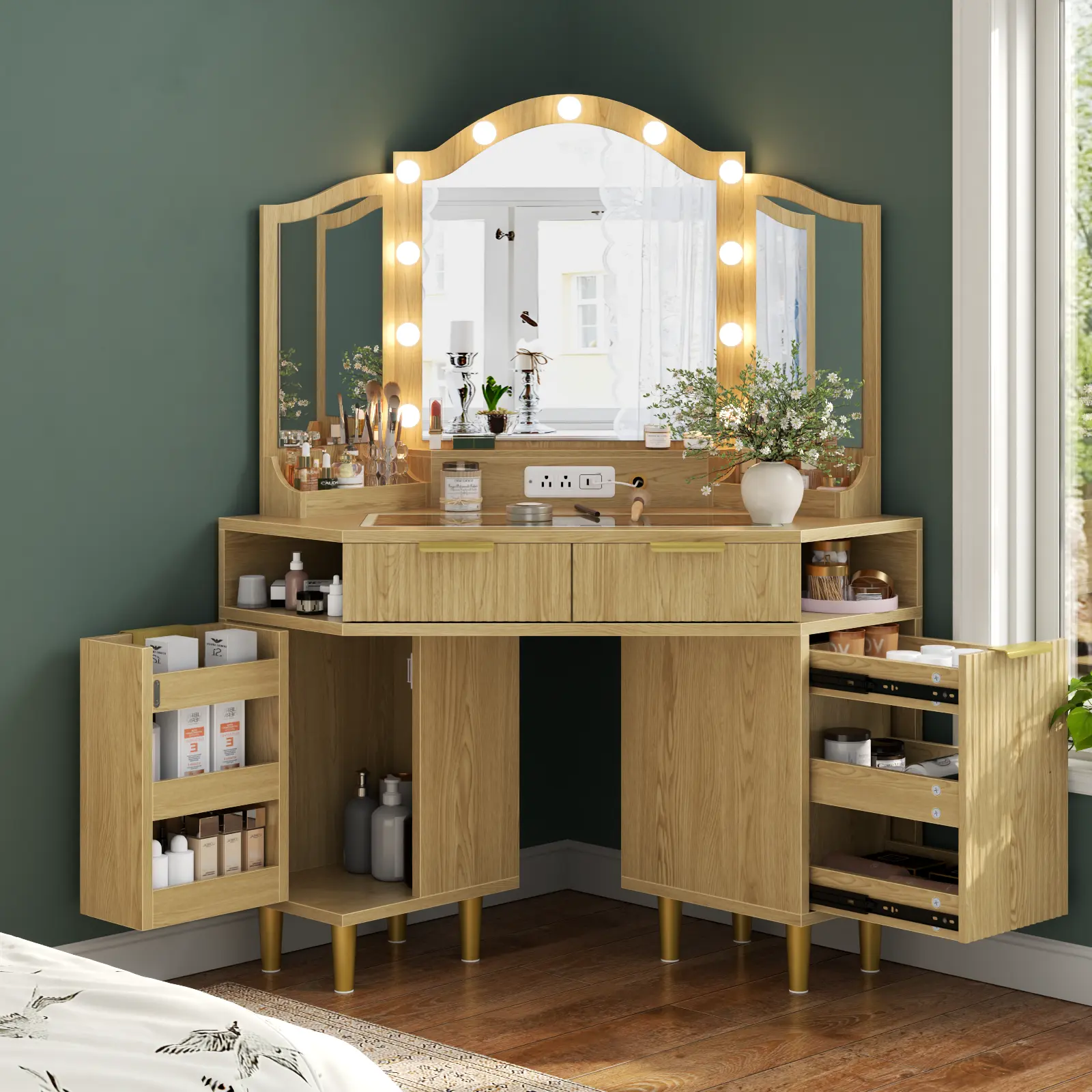 Loomie Modern Large Corner Vanity Desk with 3-Way Mirror, LED Lighting, Glass Top, Power Outlet, Fluted Drawers and Storage Cabinet