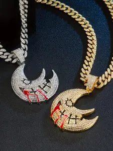 1Pcs Fashion Hip Hop Moon Pendant Necklace for Men and Women Iced Out Cool Red Enamel Moon Pendant with Cuban Chain Link Jewelry Set Suitable for Daily Matching Punk Style Accessory Modern Fashion Accessories