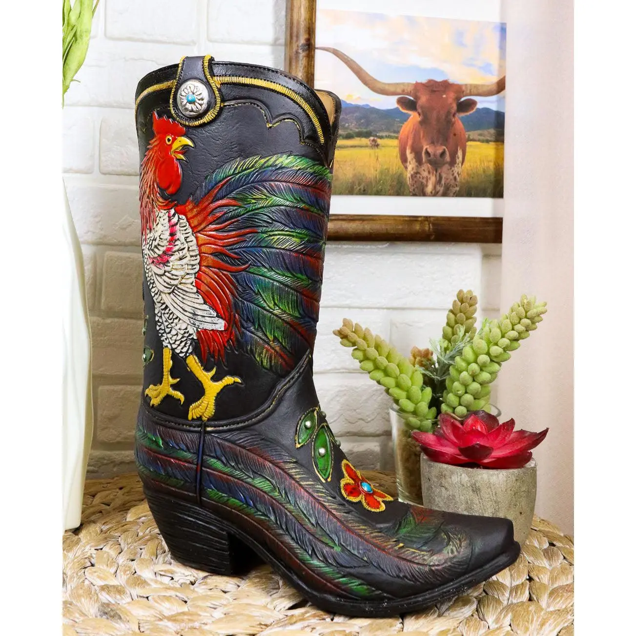 Western Country Floral Rooster Faux Tooled Leather Cowboy Boot Vase Figurine