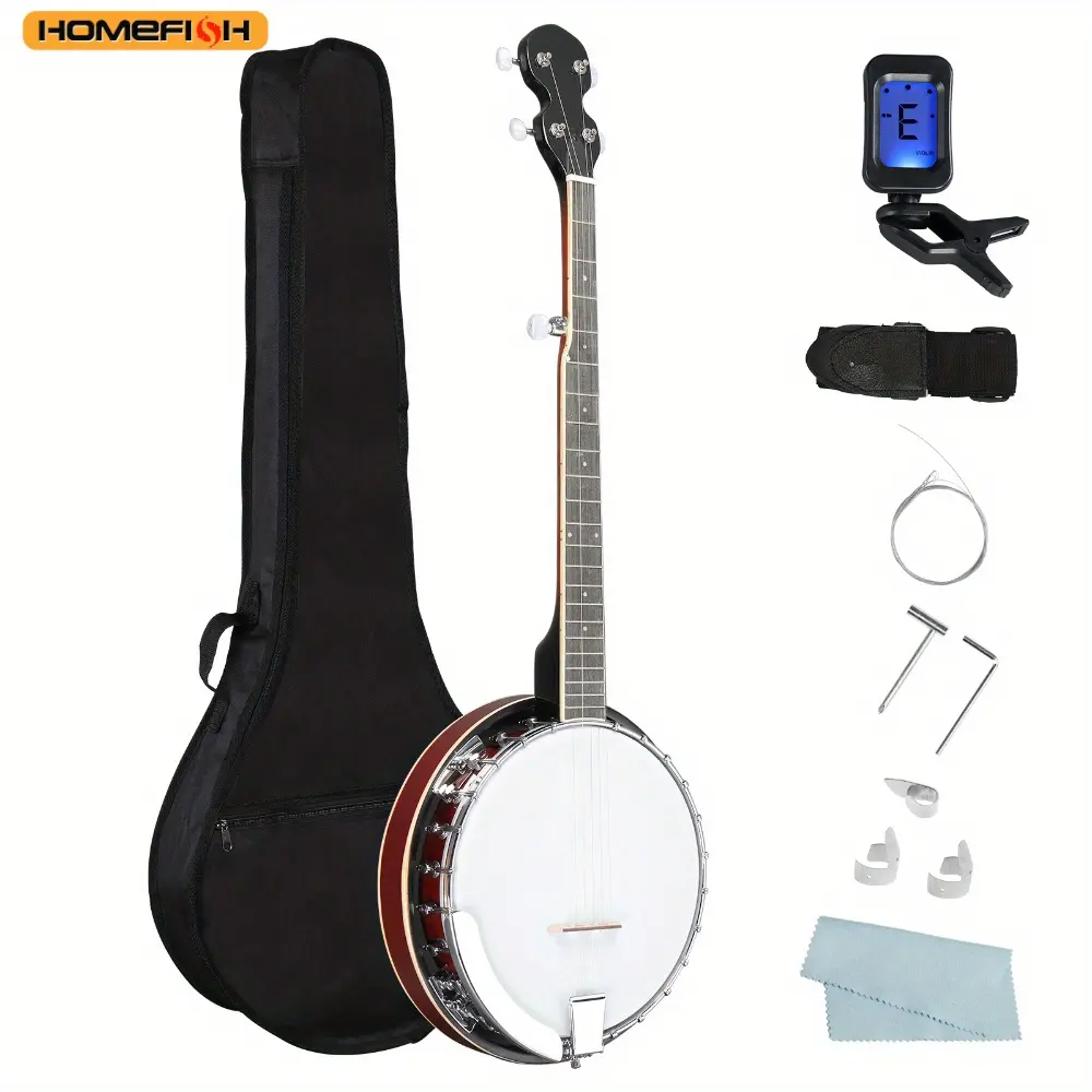 Polished Full-Size 5-String Right-Handed Banjo with Premium Solid Wood Construction, High-Quality Accessories Kit, Screwdriver Tools, Tuner