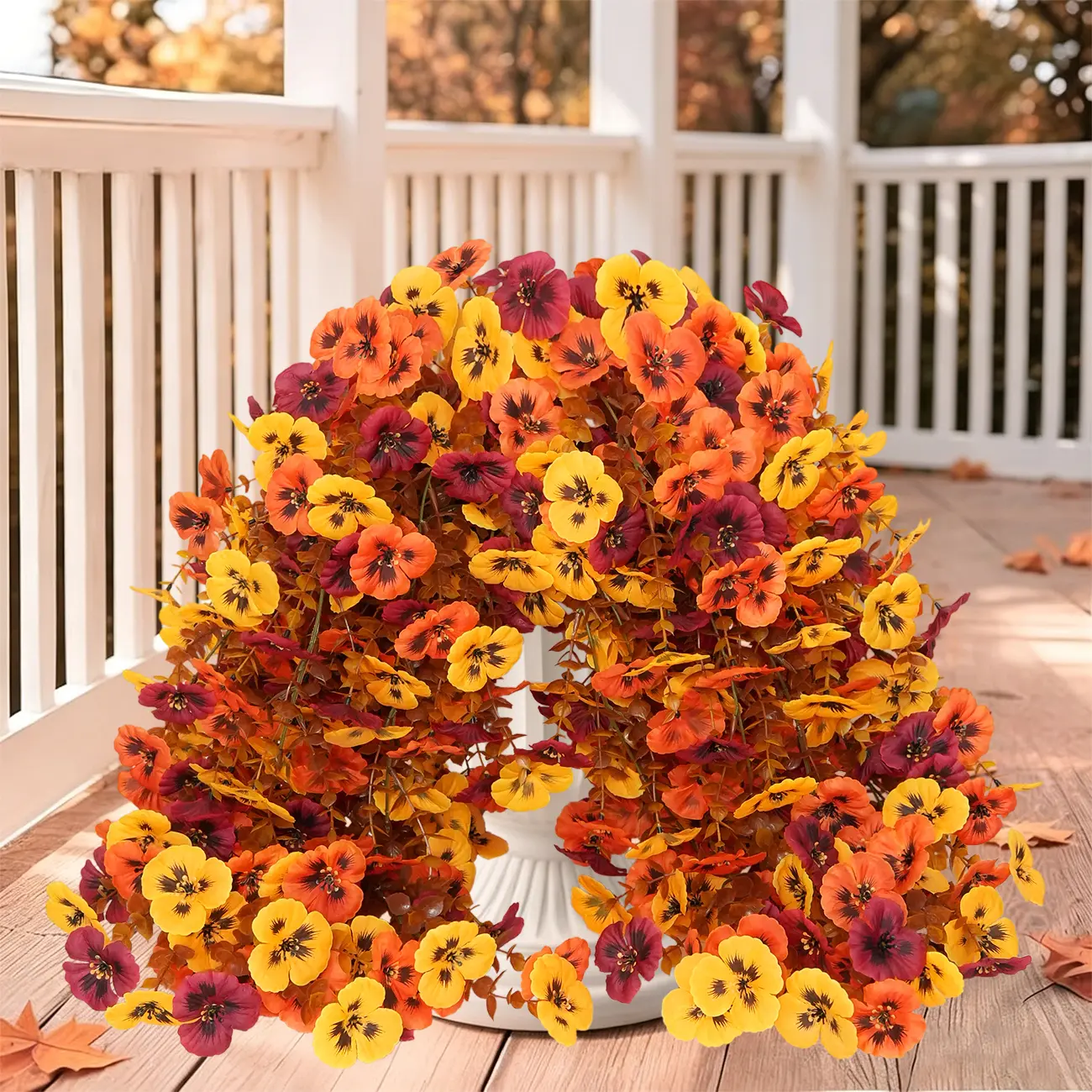 8 Pcs Artificial Fake Hanging Flowers Plants for Outdoor Fall Decoration,Faux Silk Pansy with Eucalyptus Leaves,UV Resistant Look Real for Outside Home Indoor Planter Porch Patio Yard Autumn Decor